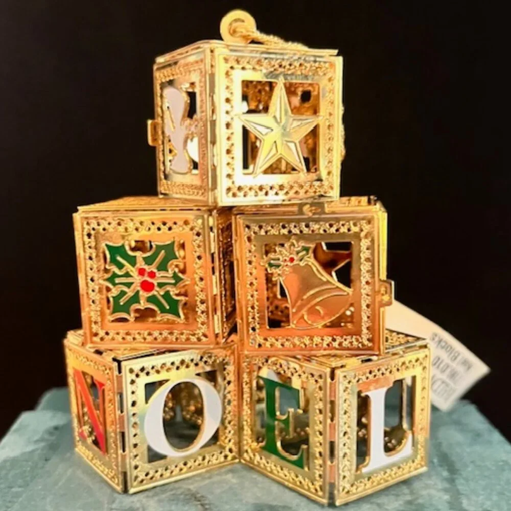 Baldwin 24kt Gold over Brass Noel Blocks Christmas Ornament Dove Holly Star